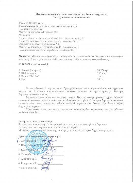 Мектеп асханасындағы ыстық тамақты ұйымдастырудағы тексеру комиссиясының актісі