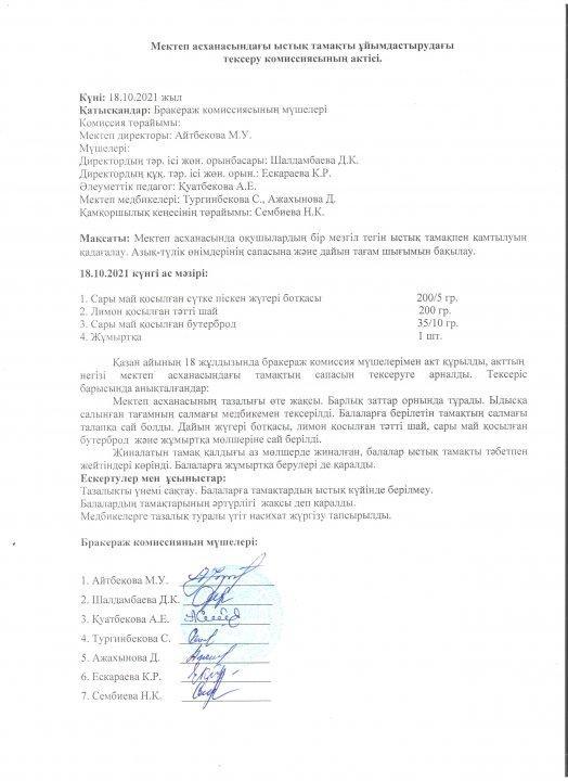 Мектеп асханасындағы ыстық тамақты ұйымдастырудағы бракераж комиссияның актісі