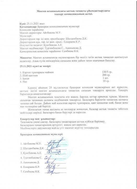 Мектеп асханасындағы ыстық тамақты ұйымдастырудағы бракераж комиссияның актісі