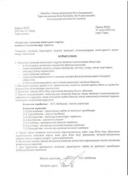 Тамақтану сапасына мониторинг жүргізу жөніндегі комиссия құру туралы бұйрық