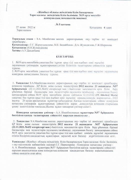 Педагог лауазымына қабылдау конкурсының  хаттамасы