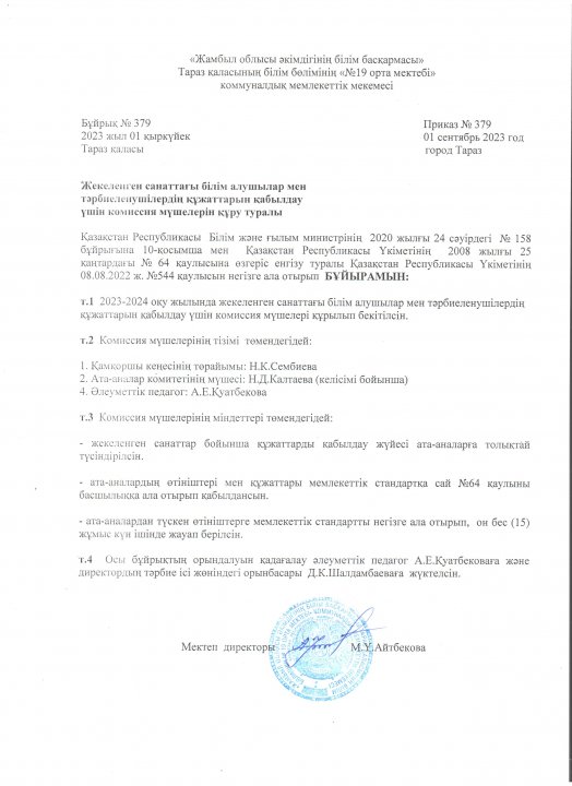 Жекелеген санаттағы білім алушылар мен тәрбиеленушілердің құжаттарын қабылдау үшін комиссия мүшелерін құру туралы бұйрық №379 01.09.2023 ж.
