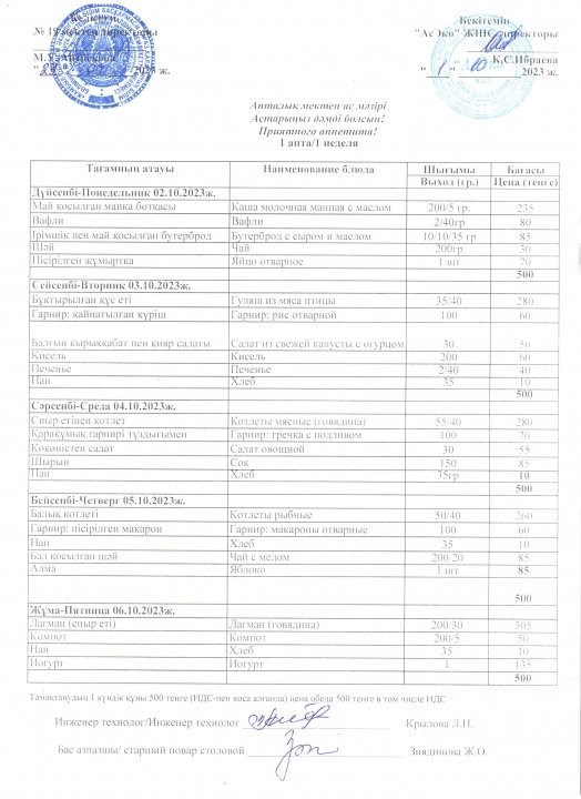 Апталық мектеп ас мәзірі 02.10.2023-06.10.2023 ж.