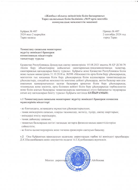 Тамақтану сапасына мониторинг жүргізу жөніндегі бракераж комиссияның міндеттерін таныстыру туралы №487 бұйрық 2.09.2024 ж.