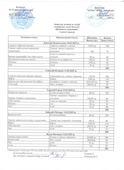 Апталық мектеп ас мәзірі (10.02-14.02.2025 Ж.)