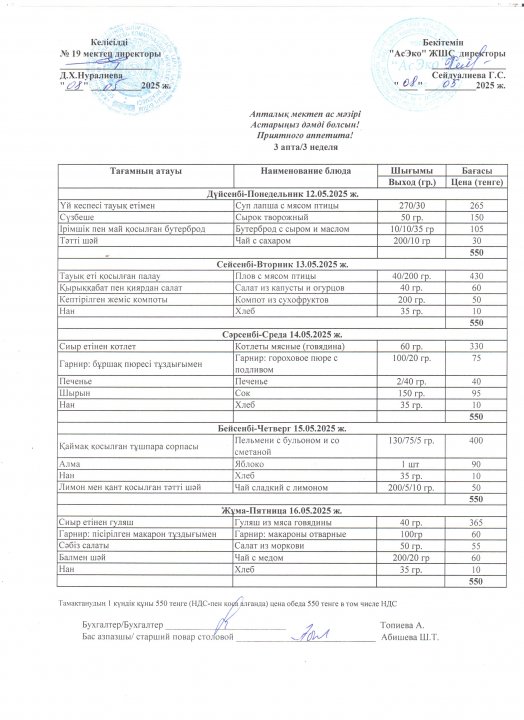 Апталық мектеп ас мәзірі (12.05-16.05.2025 ж.)