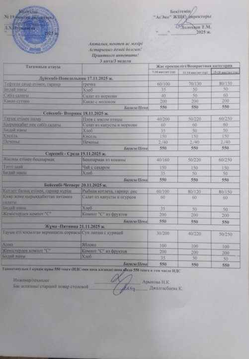 Апталық ас  мәзірі