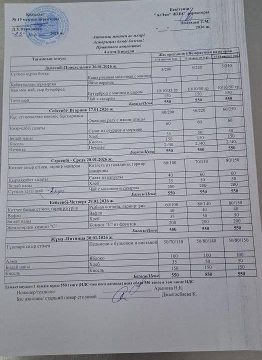 апталық ас мәзірі