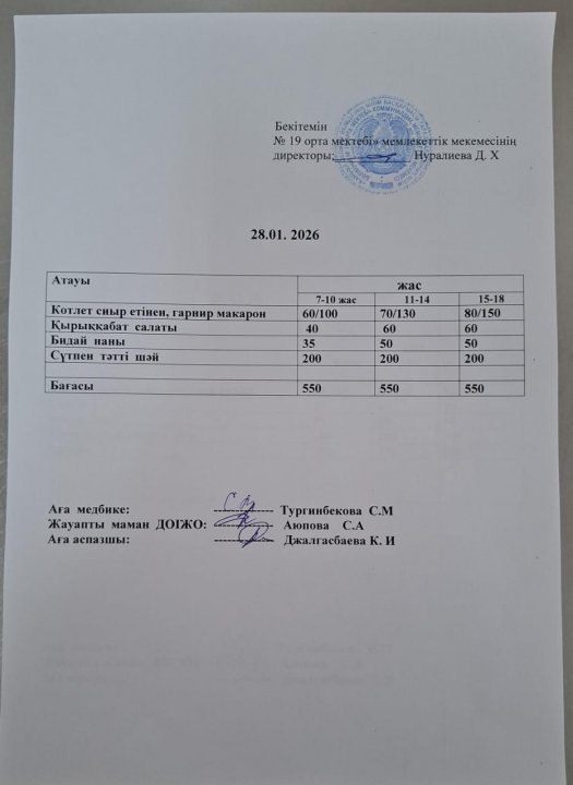 күндік  ас мәзірі