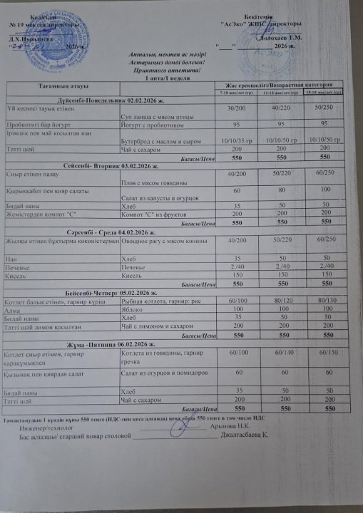 Мектеп апталық ас мәзірі