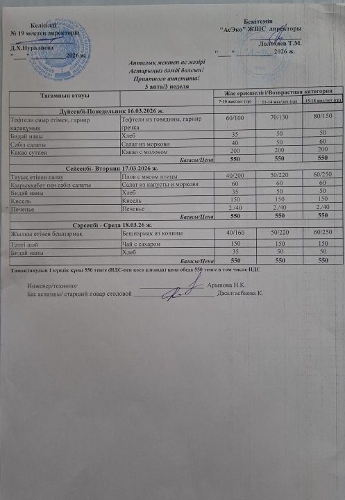 Апталық ас мәзірі